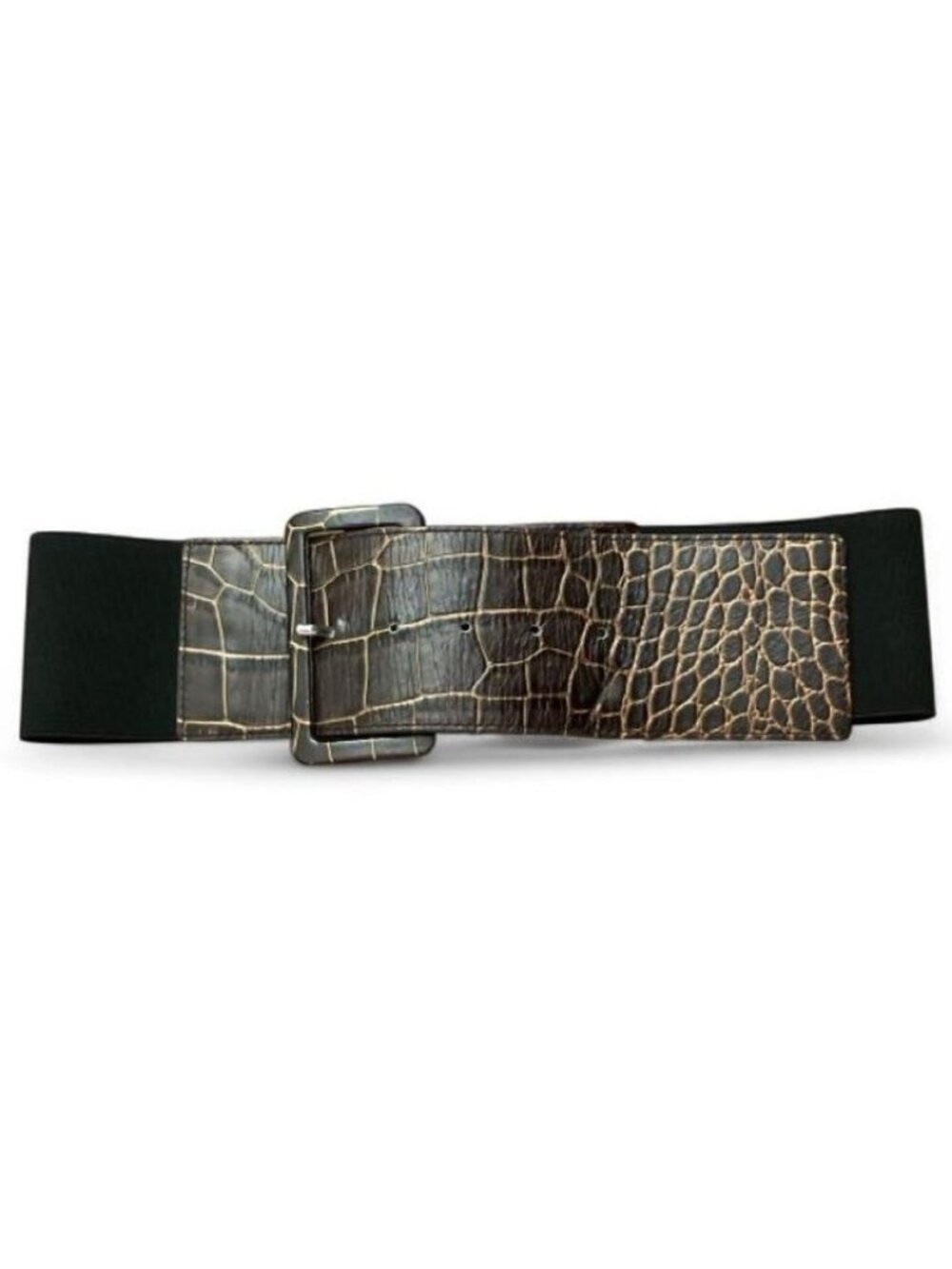 Vtg Women's Wide Stretch Waist Belt Crocodile Pattern Buckle Black Brown S 29-37